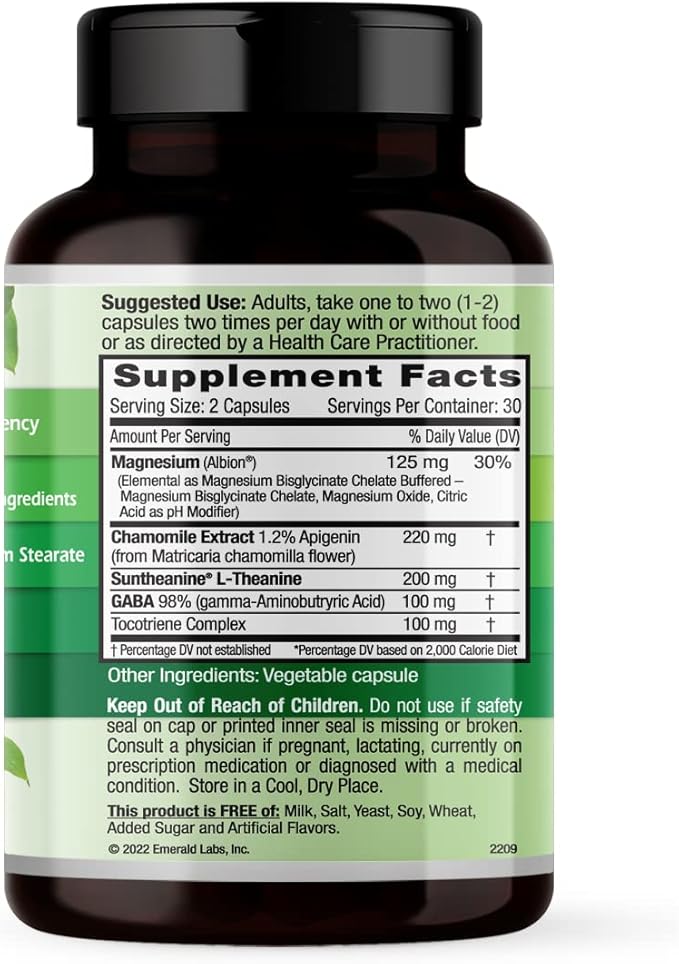 Emerald Labs Cerebral Calm - Brain Health Supplement with GABA, Albion Magnesium, Chamomile & Suntheanine L-Theanine - Premium Calming Supplement - 60 Vegetable Capsules (Up to 60-Day Supply)