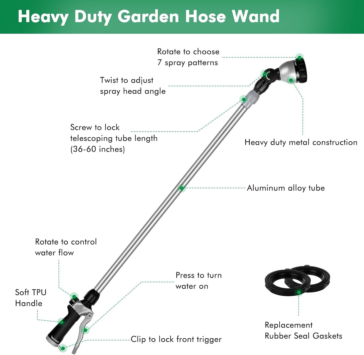 RESTMO Metal Watering Wand, 36”-60” Long Telescopic Tube | 180° Adjustable Ratcheting Head | 7 Spray Patterns | Flow Control, Perfect Garden Hose Sprayer to Water Hanging Baskets, Shrubs, Black
