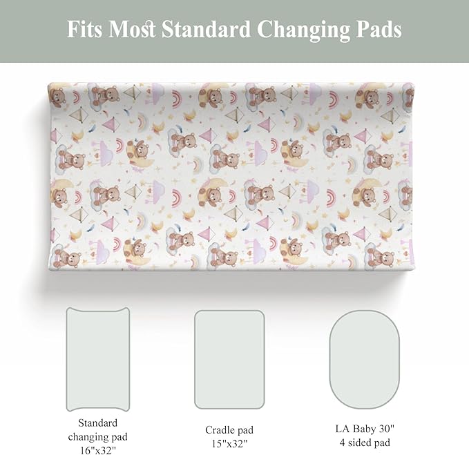 Watercolor Bear Rainbow Pink Changing Pad Covers for Baby Girls Cute Bears Moon Stars Clouds Fitted Change Table Covers Mats Animal Soft Diaper Changing Table Sheets for 32''×16'' Contoured Pad