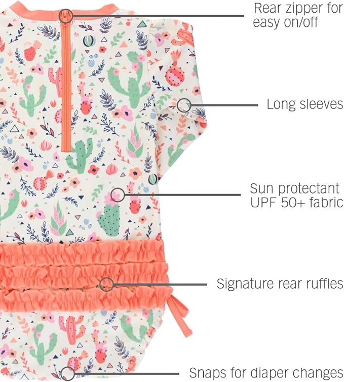 RuffleButts Baby Girls UPF 50+ Sun Protection Novelty Print Long Sleeve One Piece Rash Guard Swimsuit with Zipper