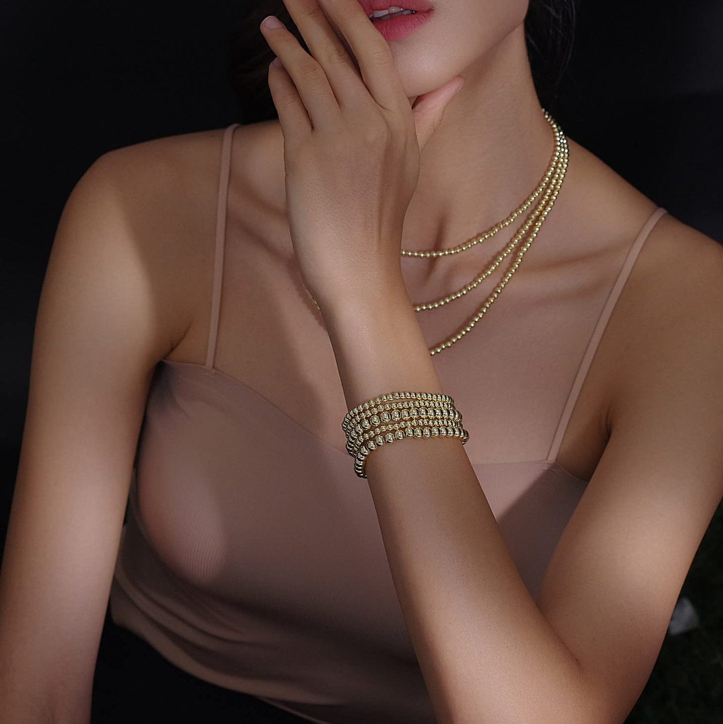 Badu Gold Bead Bracelet for Women 14K Gold Plated Bead Ball Bracelet Stretchable Elastic Hypoallergenic Bohemian Stackable Brace
