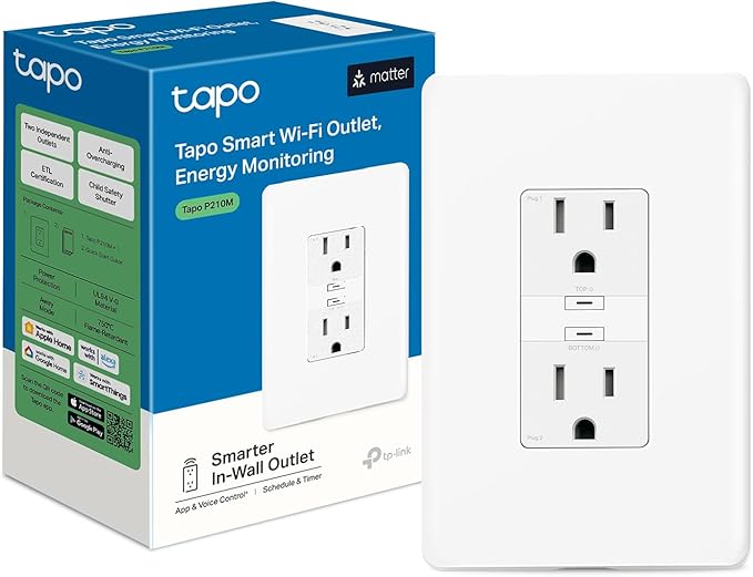 TP-Link Tapo Smart Plug P210M, Wi-Fi in-Wall Outlet, Matter Compatible, Energy Monitoring, 15A/1800W Max, Works with Alex...