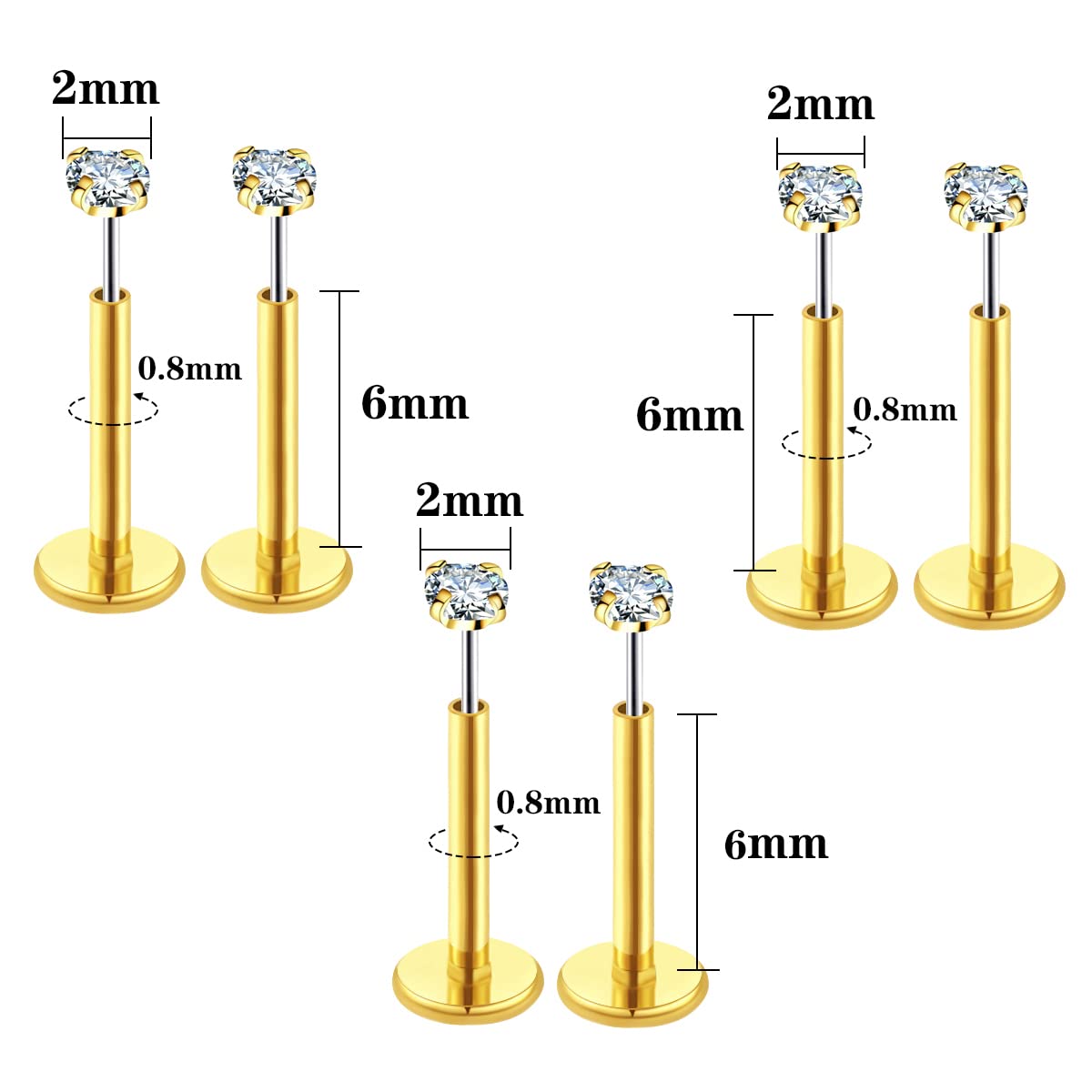 COTATI 20G Flat Back Earrings Stud Threadless Tragus Cartilage Lip Medusa Piercing Jewelry Hypoallergenic (Gold,20G 2/2/2mm CZ)