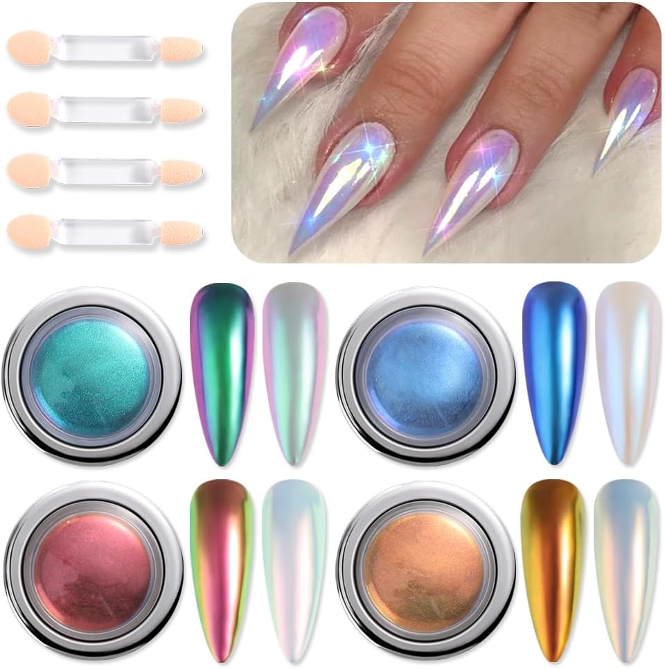 4 Colors Chameleon Chrome Nail Powder Kit, Metallic Mirror Effect Nail Glitter Aurora Iridescent Pearlescent Mermaid Pigment Dust for Gel Polish Nail Art Decoration, Resin Craft