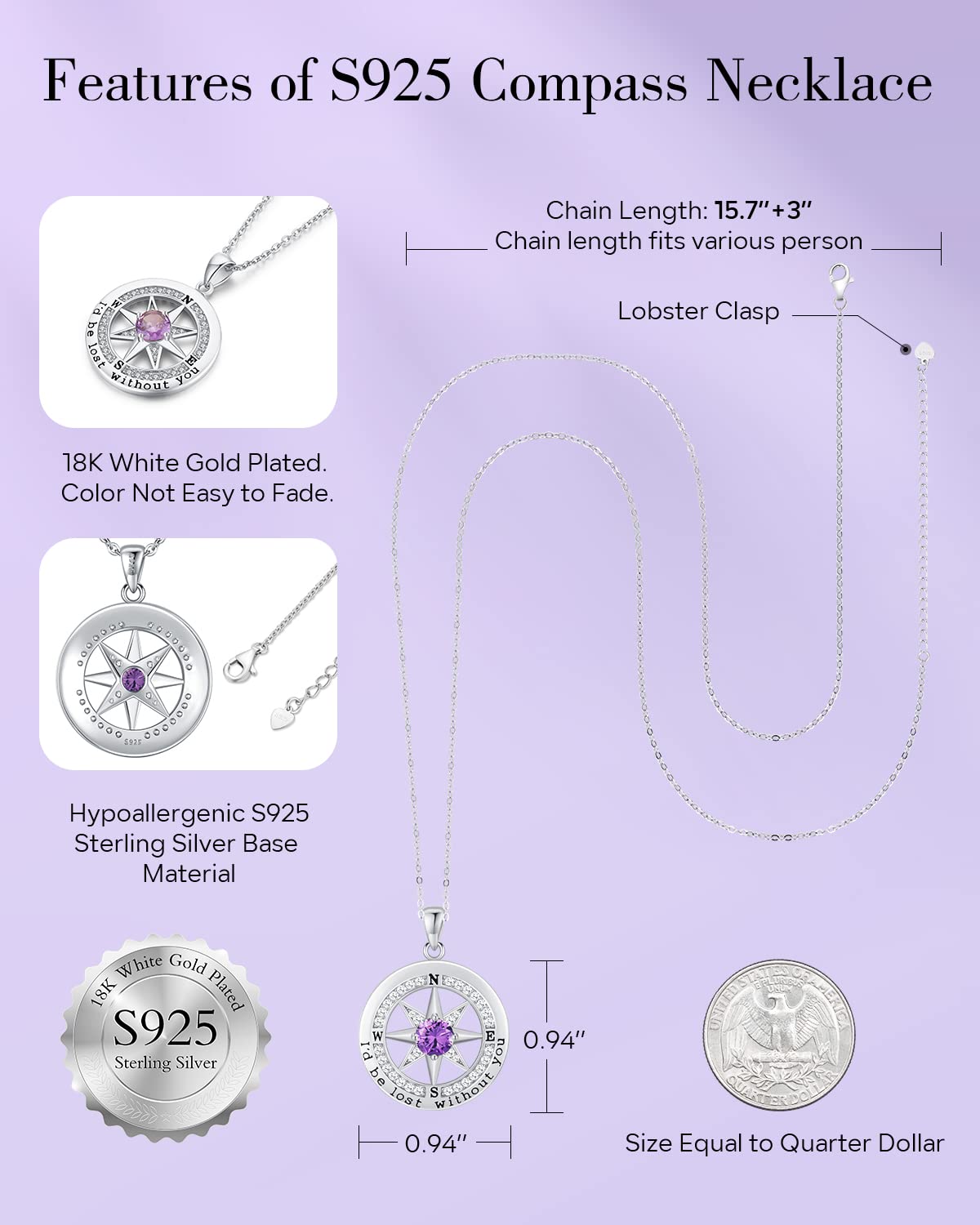 S925 Sterling Silver Necklace for Wife, Women Anniversary Year Gifts Compass Jewelry, Birthday Gift Ideas for Her Girlfriend, We