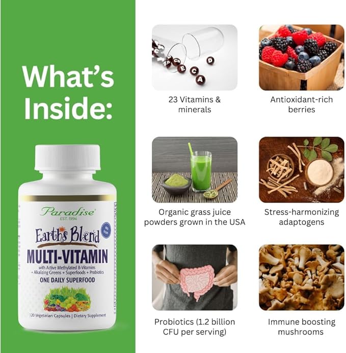 Paradise Herbs Earth's Blend Once Daily Multivitamin for Men, No Iron, 48 Organic Superfoods, Probiotics, Antioxidants, Vitamins A, B12, C, D, K2,120 Count