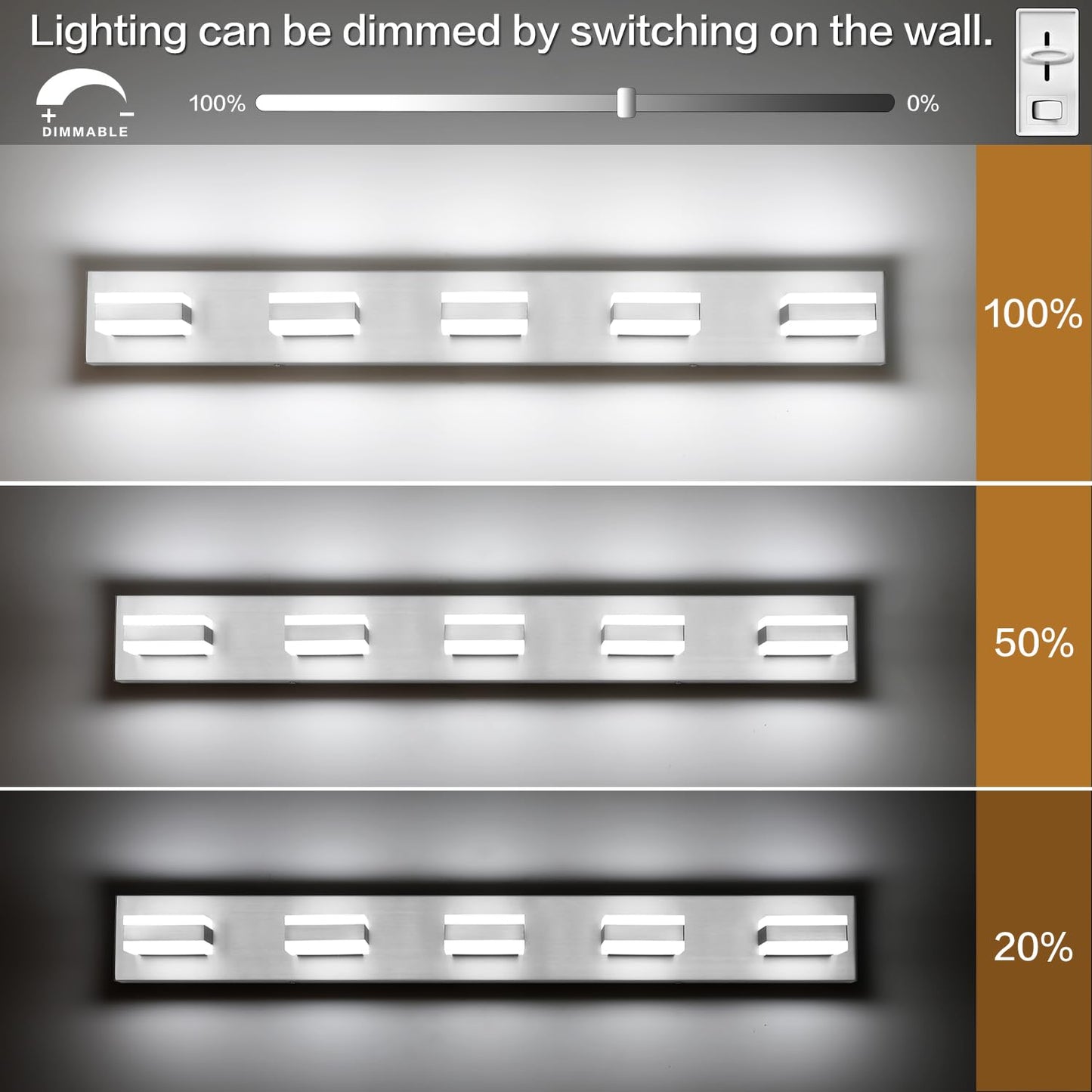 SOLFART 5 Light Bathroom Vanity Light Brushed Nickel Bathroom Vanity Light Fixtures Over Mirror Led Lights for Restroom Nickel
