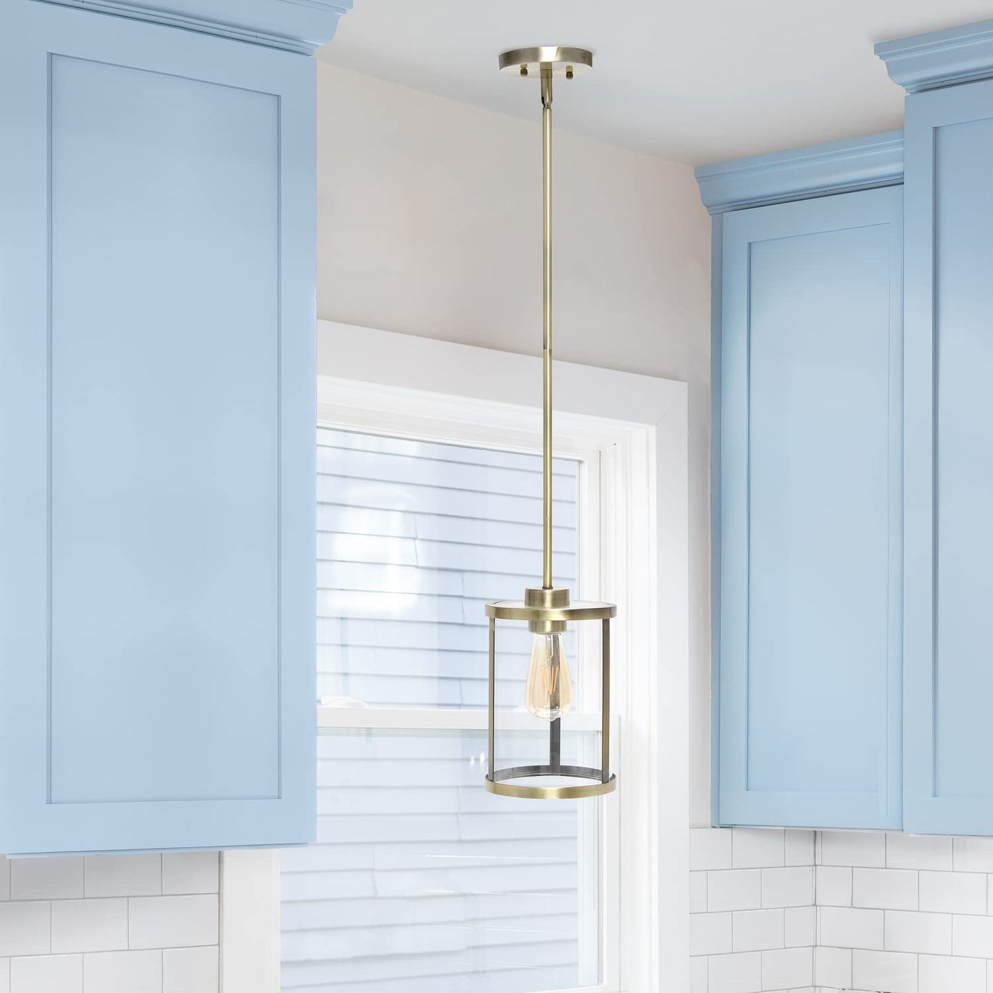 Elegant Designs PT1010-ABS Ceiling Pendant Light, Antique Brass, 1-Lt Metal & Glass, 6.75x6.75x55 inches, Vintage Modern Farmhouse Style
