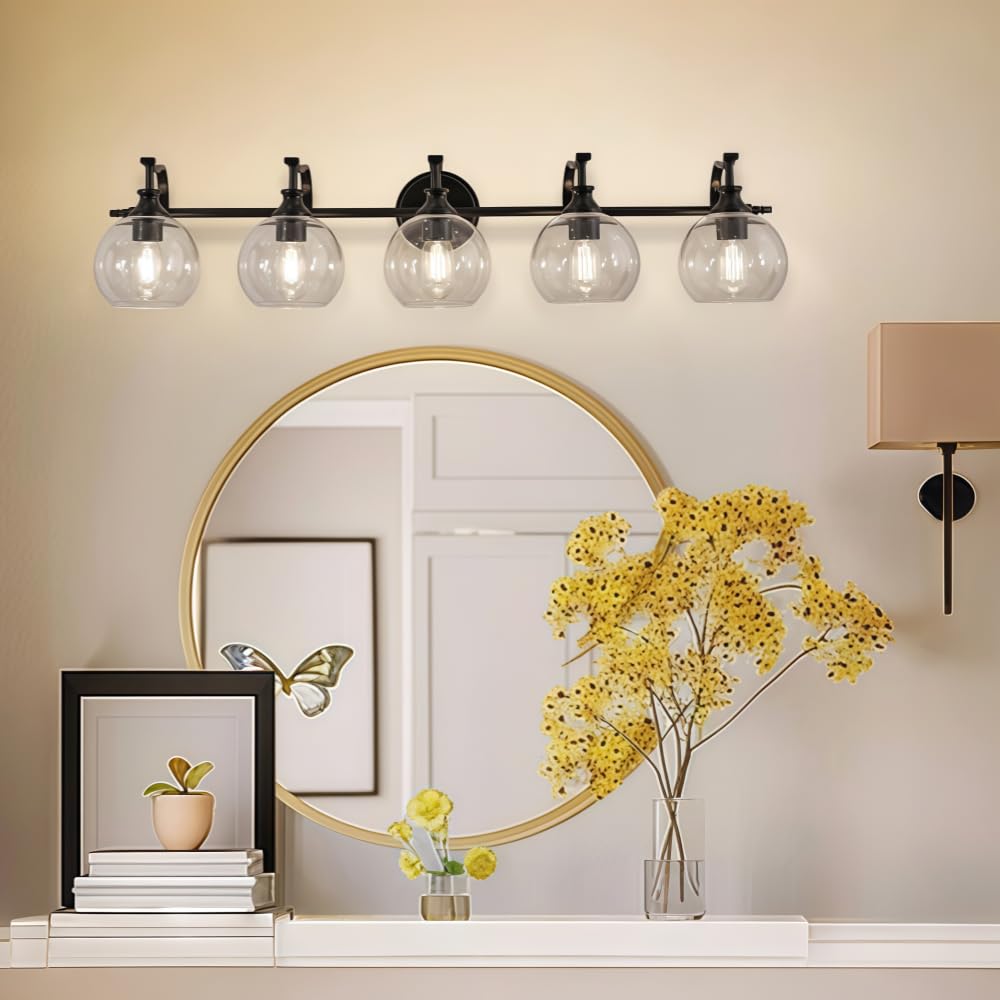 Andy Star Black Vanity Light  5-Light Bathroom Light Fixture  35 Large Bathroom Lighting Over Mirror  Industrial Wall Sconce  Perfect For Big Bathrooms  Double Vanities  Long-Length Elegant Design
