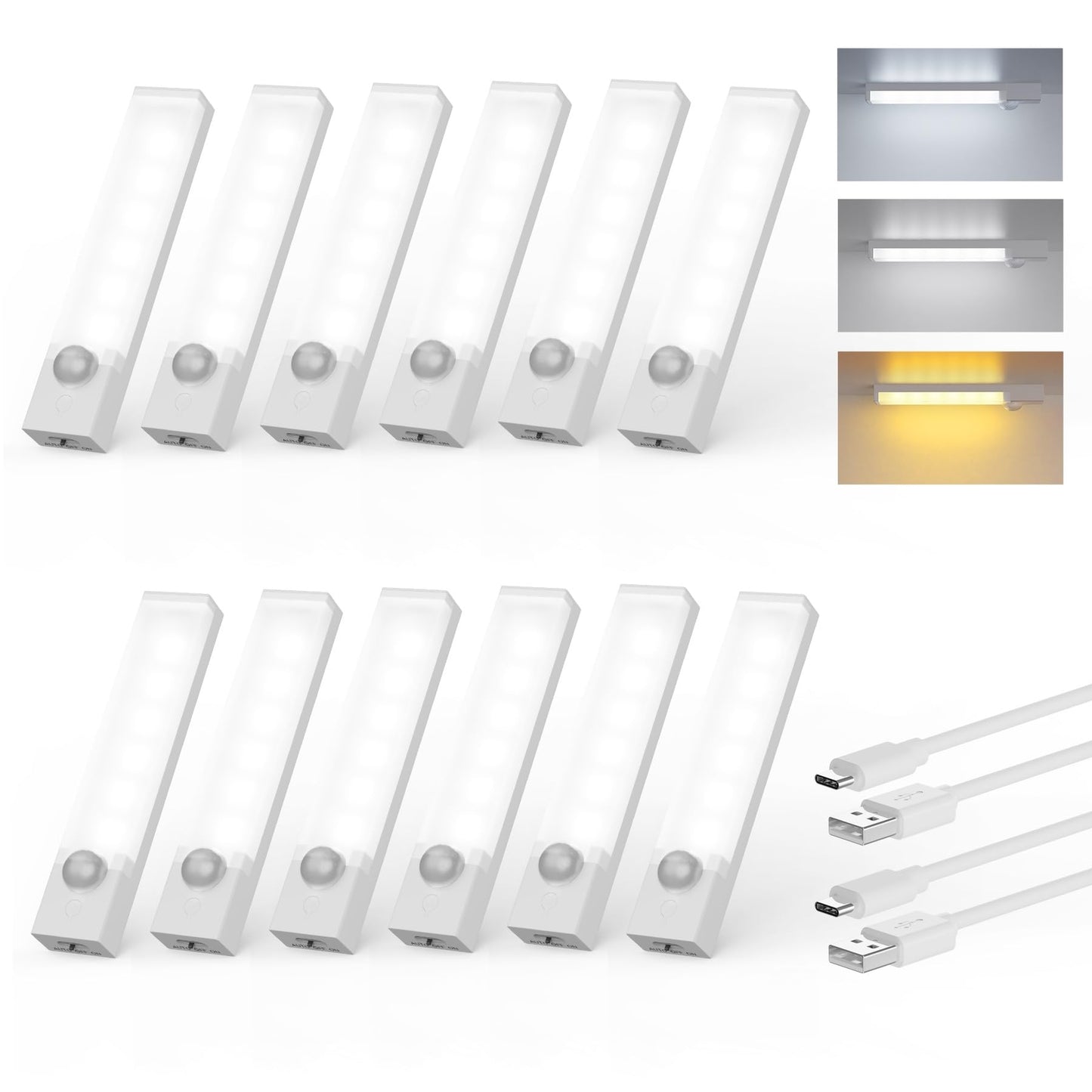 Rihvy Under Cabinet Lighting, 4-Inch Rechargeable Motion Sensor, 12-Pack, Dimmable LED, White, Model: CabLight003-2