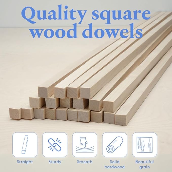 DIY Wooden Square Dowel Rod 3/8-inch x 48 Pack of 25 Hobby Wood Sticks for Crafts, Wood Trim & Architecture Model Making, by Woodpeckers