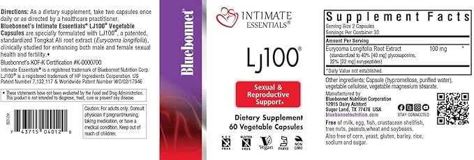 Bluebonnet Nutrition Intimate Essentials LJ100, Soy-Free, Gluten-Free, Non-GMO, Dairy-Free, Kosher Certified, Vegan, 60 Capsules, 30 Servings