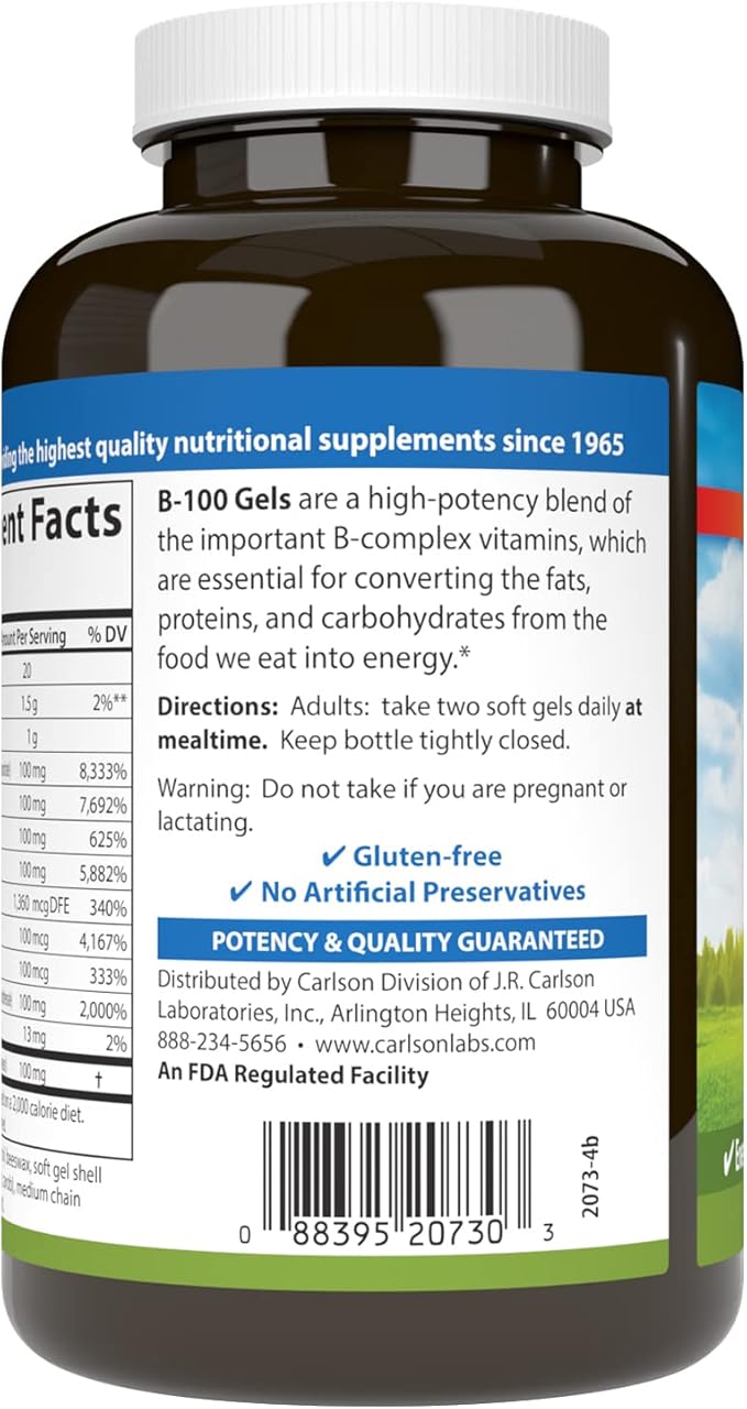 Carlson - B-100 Gels, High-Potency Vitamin B Complex, Energy Production, Cellular Support & Optimal Wellness, 100 Softgels