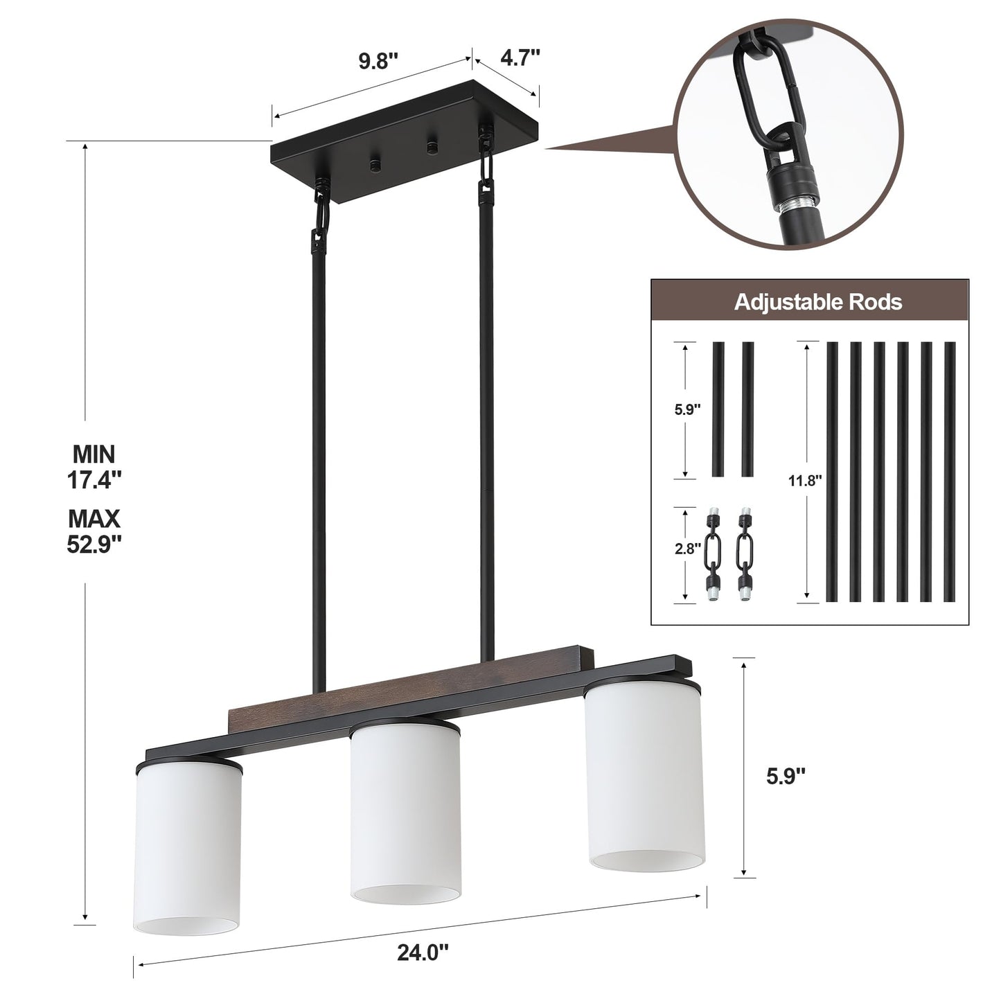 Mecgirn Farmhouse Dining Room Light Fixtures Over Table  Black Pendant Lights For Kitchen Island With Milk Glass Shade  3 Light Linear Chandelier Lighting With Wood