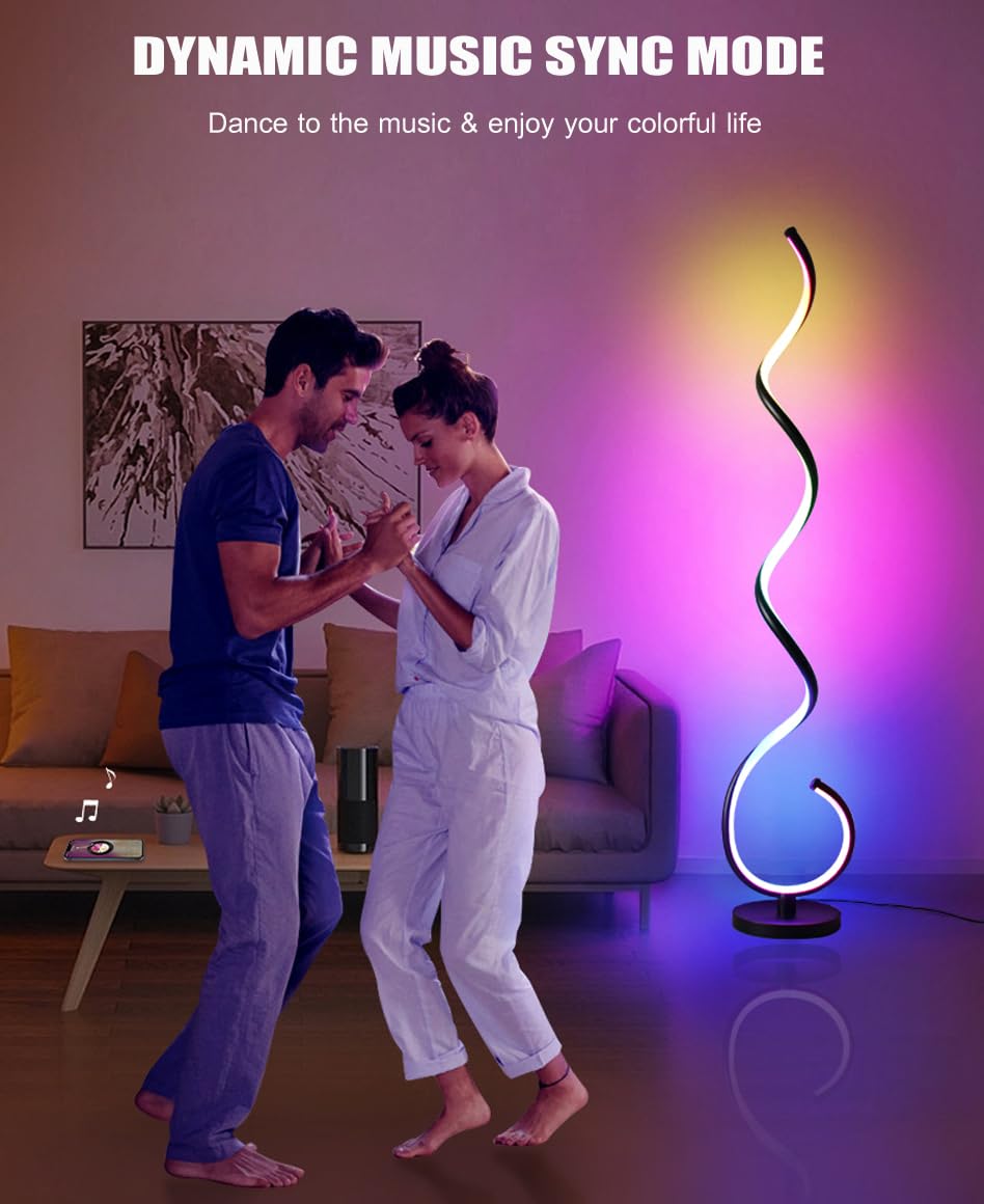 LENIVER RGB Spiral Floor Lamp, Smart Dimmable Corner Lamp with Remote Control, Black RGB, Model LNV-FL09-1-RGB