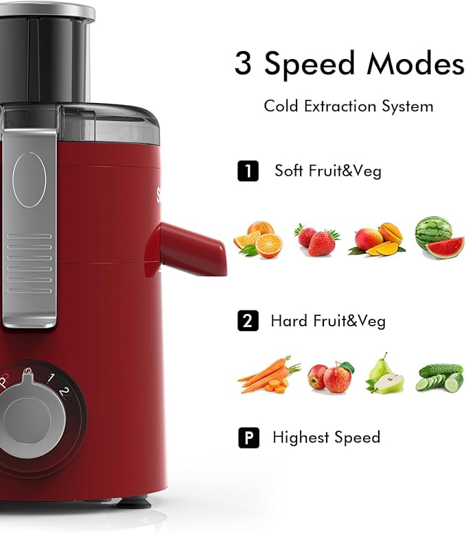 SIFENE Compact Centrifugal & Masticating Juicer, Efficient 3-Speed Fruit & Vegetable Extractor, Easy to Clean, BPA-Free, Dishwasher Safe Parts, Ideal for Daily Fresh Juice at Home, Light Red