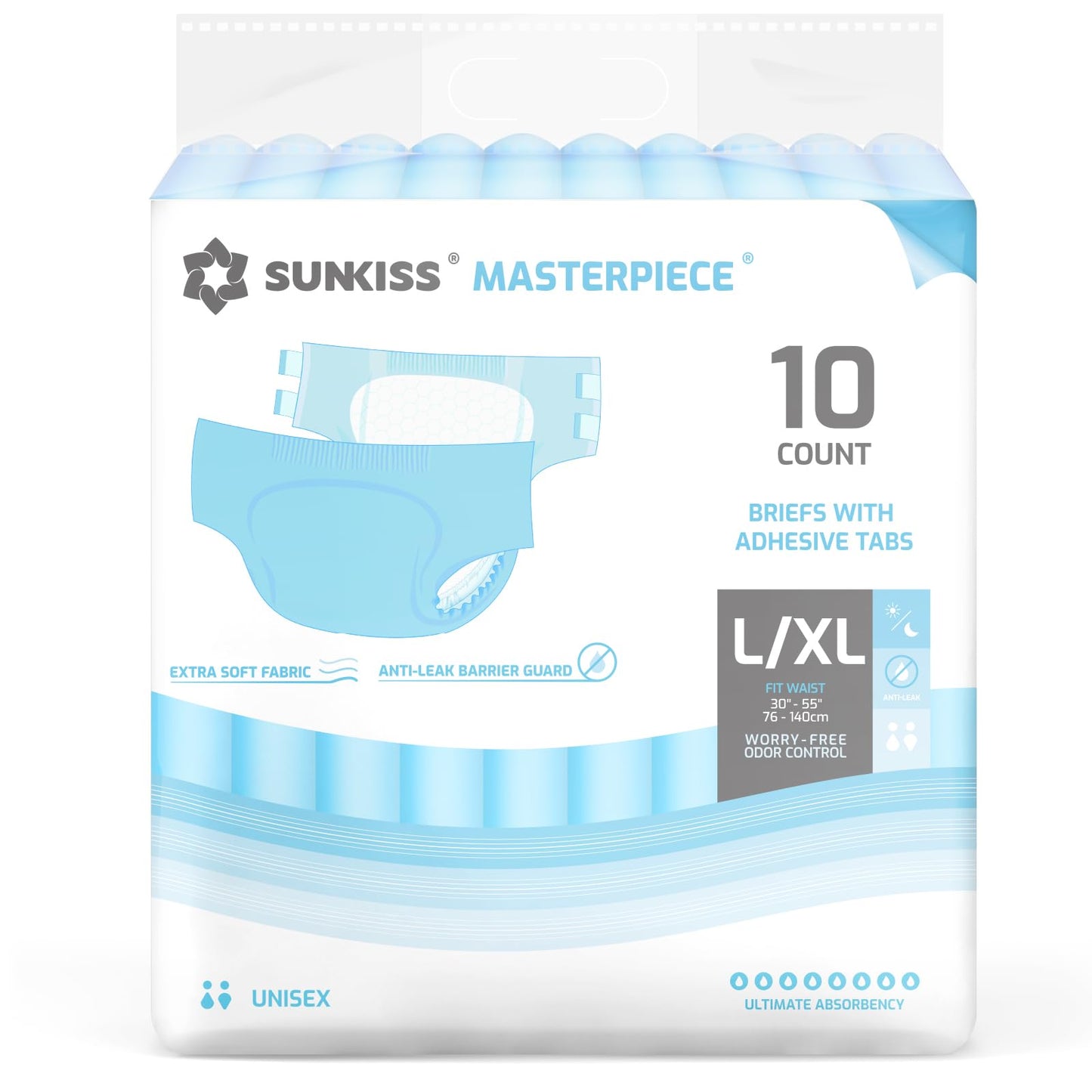 SUNKISS Masterpiece Adult Diapers with Tabs, Unisex Disposable Incontinence Briefs for Women and Men, Odor Control, Blue, L/XL, 10 Count