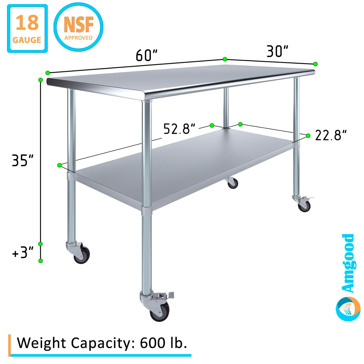 AmGood 30 in. x 60 in. Stainless Steel Work Table with Wheels | Metal Kitchen Food Prep Table | NSF