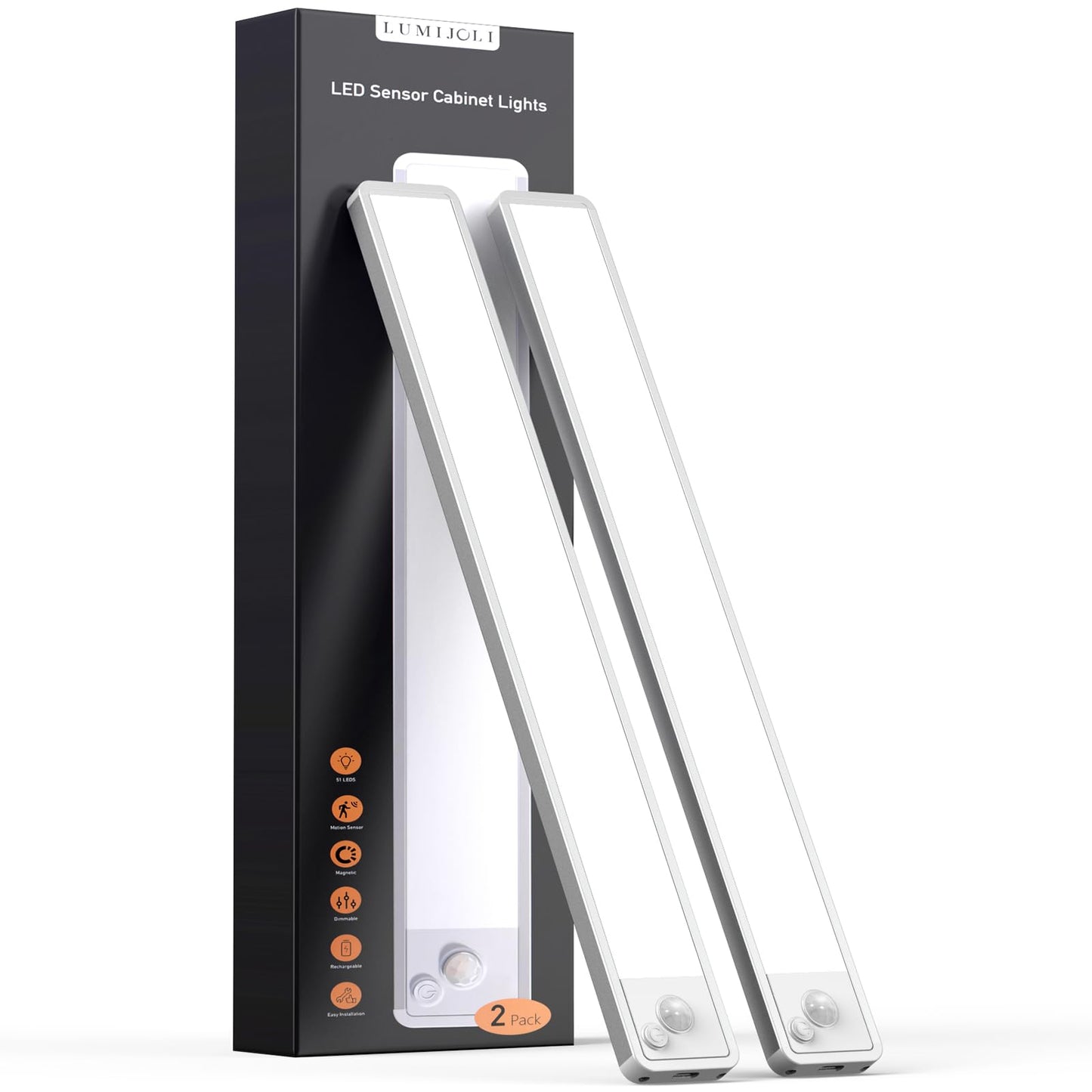 Lumijoli 2 Pack Under Cabinet Lighting Wireless 14Inch Led Motion Sensor Magnetic Light 2500Maah Rechargeable Indoor Closet Lights For Kitchen  Stairs Cool White