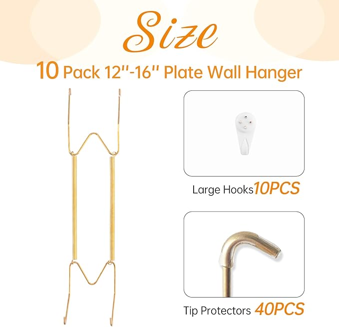 Bilillo 10 Pack Plate Hangers for the Wall, Suitable for 12-16 inch Art Plate, Invisible Heavy Duty Wire Plate Holder with Wall Hooks, Plate Hangers for Displaying Plates, Platter, Dish