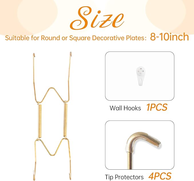 5 Pack Plate Hangers for The Wall, Suitable for 8-10 inch Art Plate, Stainless Steel Invisible Heavy Duty Wire Plate Holder with Wall Hooks, Plate Hangers for Displaying Plates, Platter, Dish, Gold