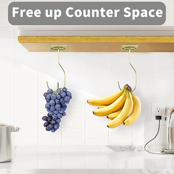 Self-Adhesive Banana Hooks, Foldable Magnetic Hanger Under Cabinet, Sturdy Metal Banana Holder for Kitchen, Space-Saving Design to Keep Bananas Fresh 1 Pieces Gold