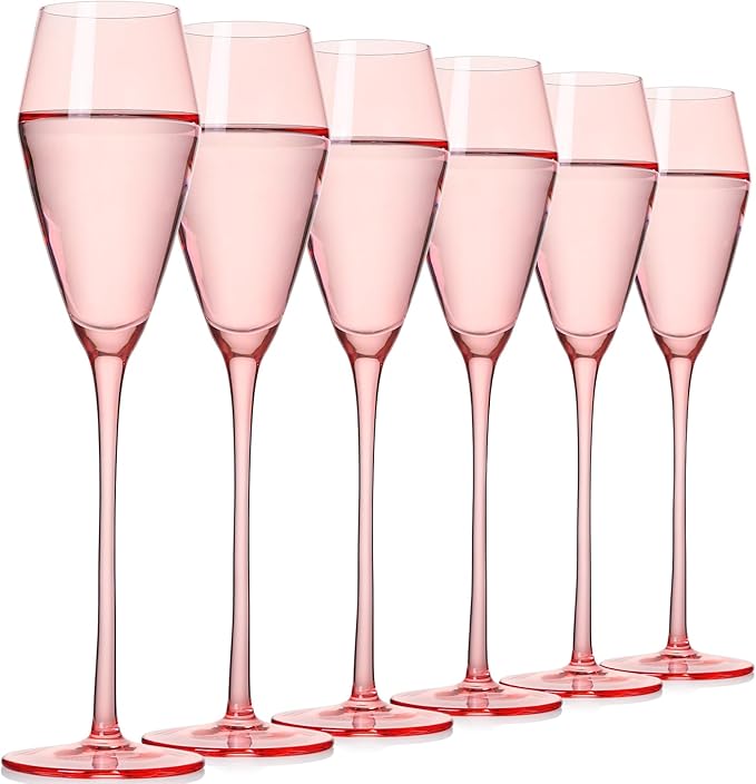 JOVGANG Pink Champagne Flutes Set of 6-7.5oz Hand-Blown Lead-Free Crystal Champagne Glass, Wedding Champagne Flutes, Date ...