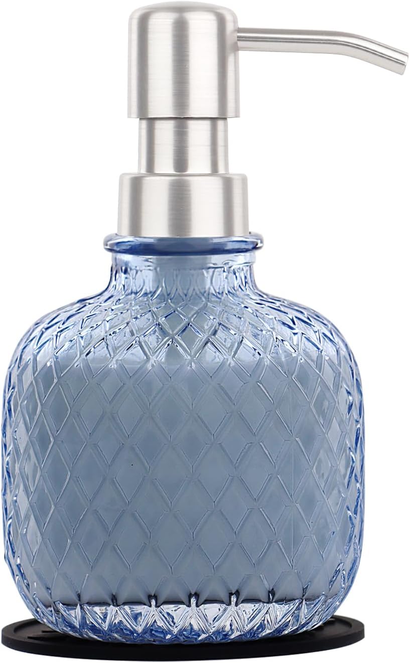 Soap Dispensers with Silicone Mat, for Kitchen and Bathroom Contertop Wash Hand Liquid, Dish Detergent, Farmhouse Style Shampoo Lotion Pump (1, Blue Glass with Silver, 3-1/2" x 3-1/2" x 6-1/4")