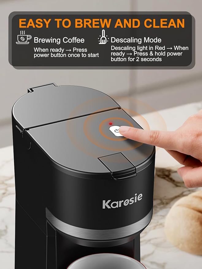 Single Serve Coffee Maker for K-Cup and Ground Coffee, Fast Brew, 6-12 oz Brew Sizes One Cup Coffee Machine Fits 5.5" Mugs, One-Button Small Coffee Maker with Descaling Reminder,Black