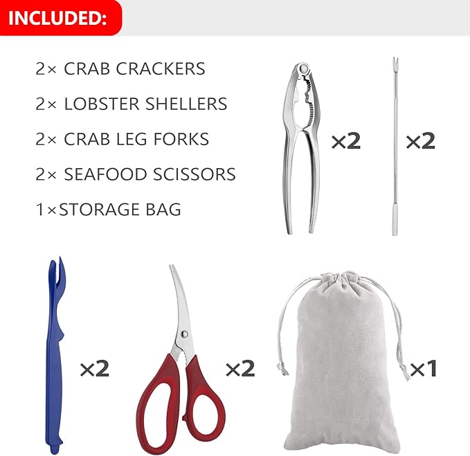 Seafood Tools Set Includes 2 Crab Crackers 2 Seafood Fork 2 Lobster Crackers 2 Seafood Scissors -Nutcracker Set（9 Piece ）