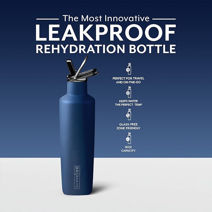 BrüMate ReHydration Mini Kids Water Bottle | 100% Leakproof Insulated Water Bottle for Kids with Straw | Stainless Steel Water Canteen | Perfect Kids Water Bottle for School | 16oz (Matte Navy)
