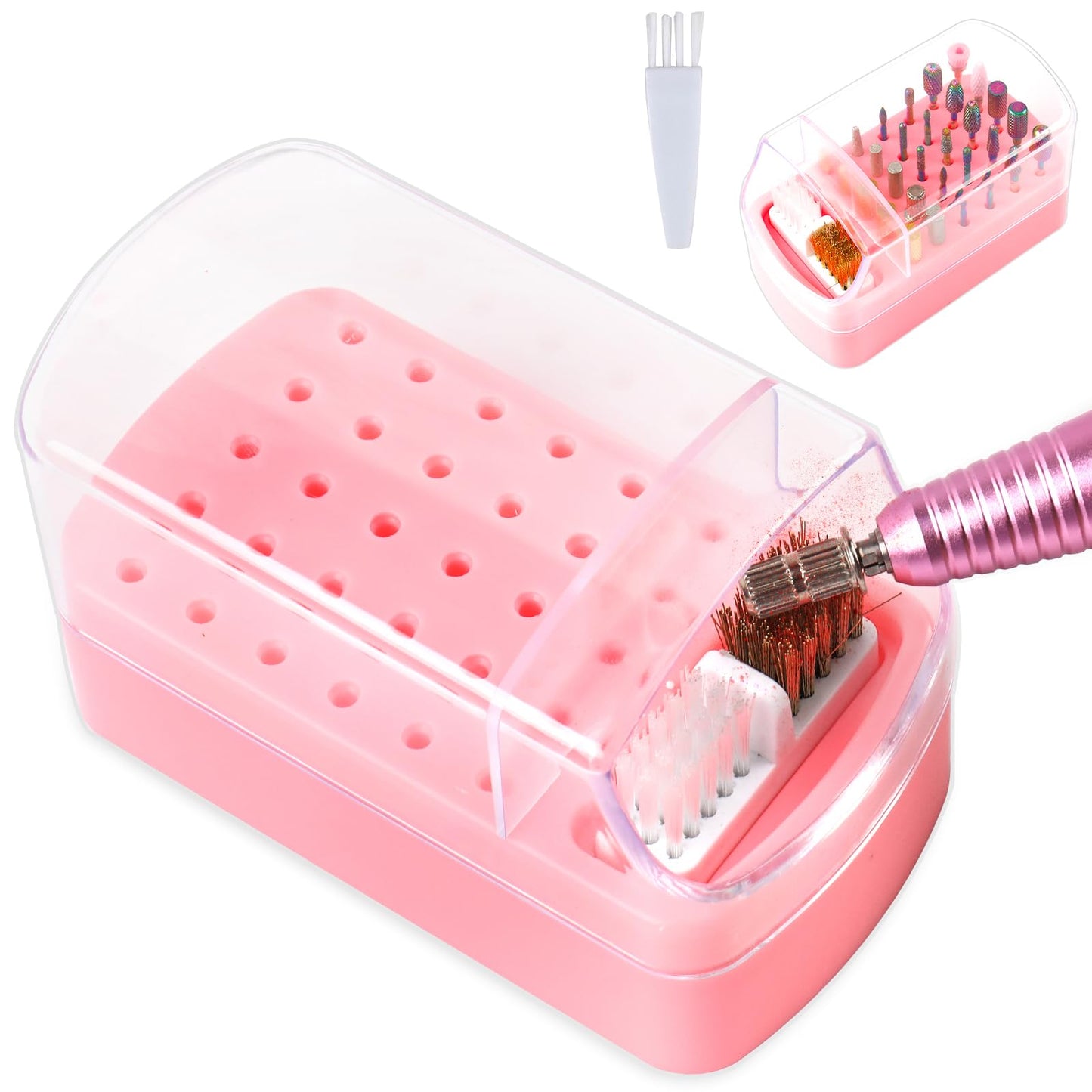 2 in 1 Nail Drill Bits Holder & Cleaning Brush Case,30 Holes Dustproof Nail Art Drill Bits Stand Display Storage Box and Nail Dr