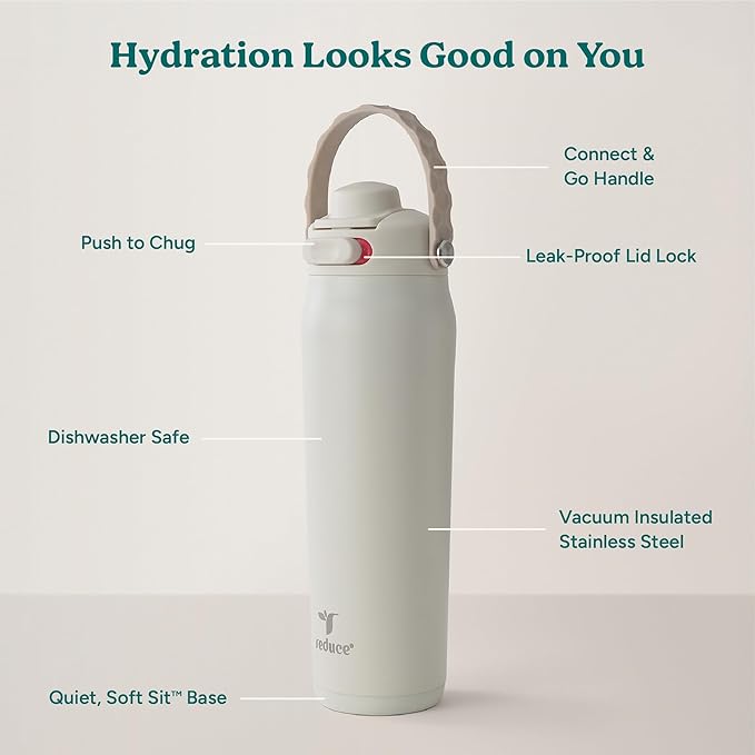 REDUCE Aura Vacuum Insulated 26 oz Water Bottle - Leak-Proof & Chug Spout for Quick Hydration - Keeps Drinks Cold for 30 Hours - Removable Handle for Travel or Gym - Soft Sit Base - Unbleached