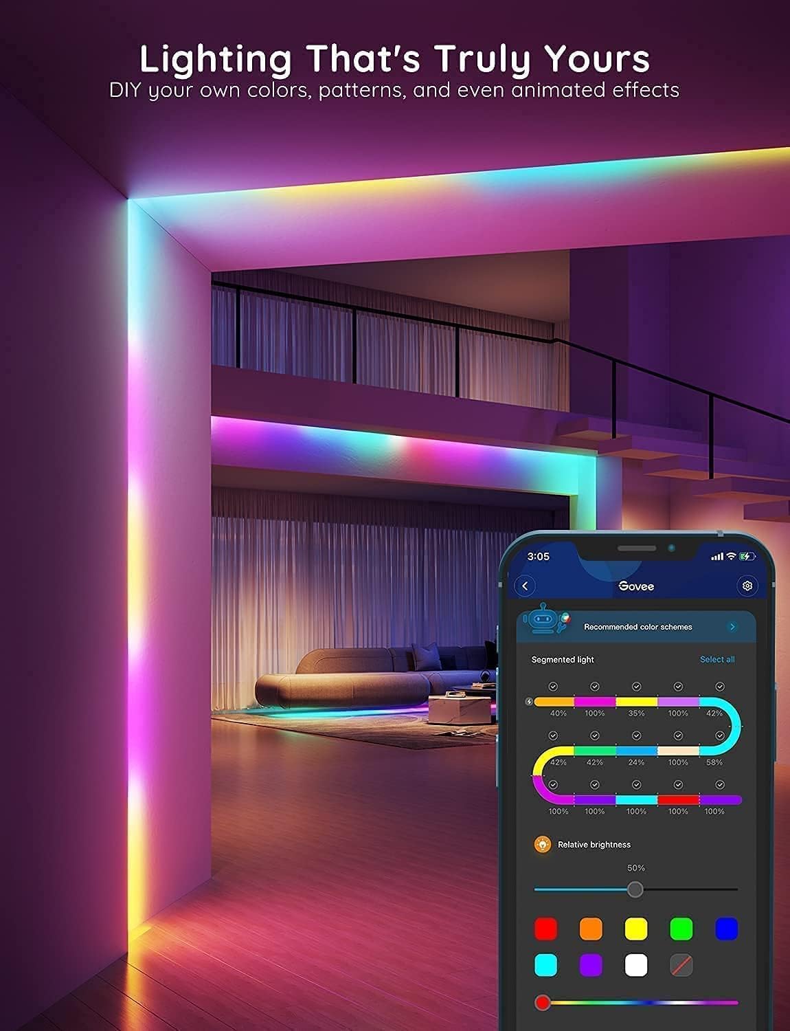 Govee RGBIC LED Strip Lights H617C, 32.8ft Smart Light with App Control, Music Sync, Bluetooth, Color Changing for Bedroom and Gaming Room