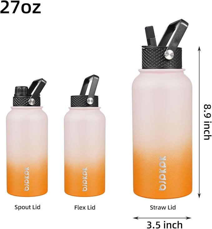 BJPKPK Insulated Water Bottles with Straw Lid, 27oz Stainless Steel Water Bottle with 3 Lids, Leak Proof BPA Free Metal Thermo, Mugs, Tumblers, Keep Cold Hot - Coral