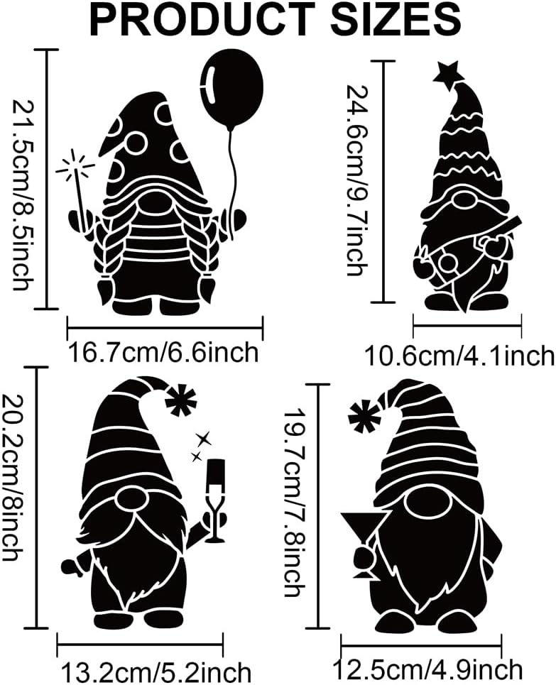 MAYJOYDIY 3pcs Happy New Year Gnome Stencil 11.8×11.8inch Reusable Christmas Gnome Stencils Fireworks Snowflakes Template with Paint Brush for Craft Wood Wall Home Decor