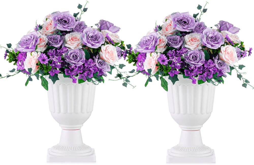 NUPTIO 2 Pcs Classic Urn Planter, 13.98 inch Plastic Outdoor Urn, Tall Pedestal Plastic Planter, Flower Pot for Garden Front Porch Door