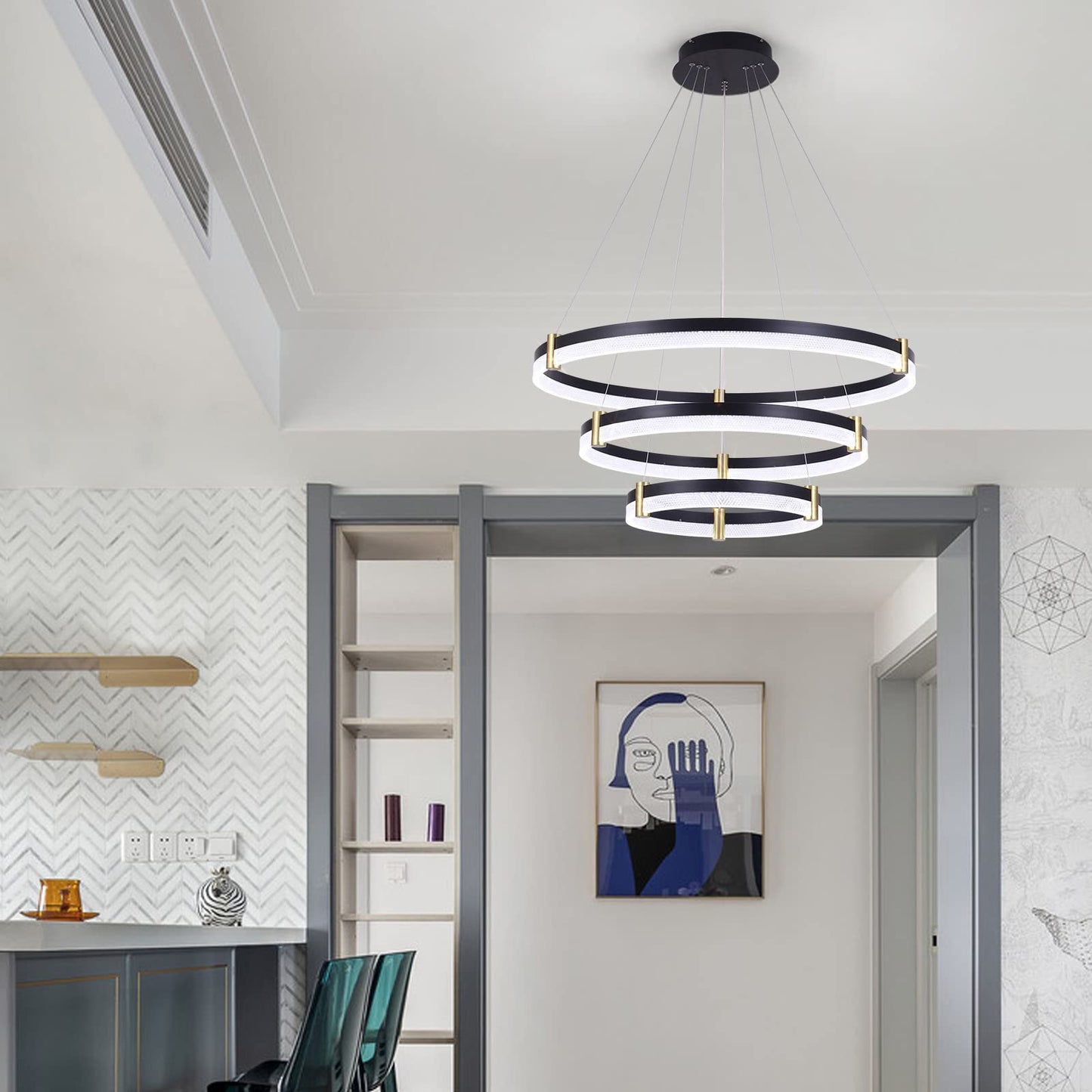 Siittoo Modern Crystal Chandelier Light Fixture  Dimmable Led Acrylic Pendant Lighting  Adjustable Black Chandelier For Dining Living Room Bedroom Kitchen (3 Rings  57W  F31.5+23.6+15.8)