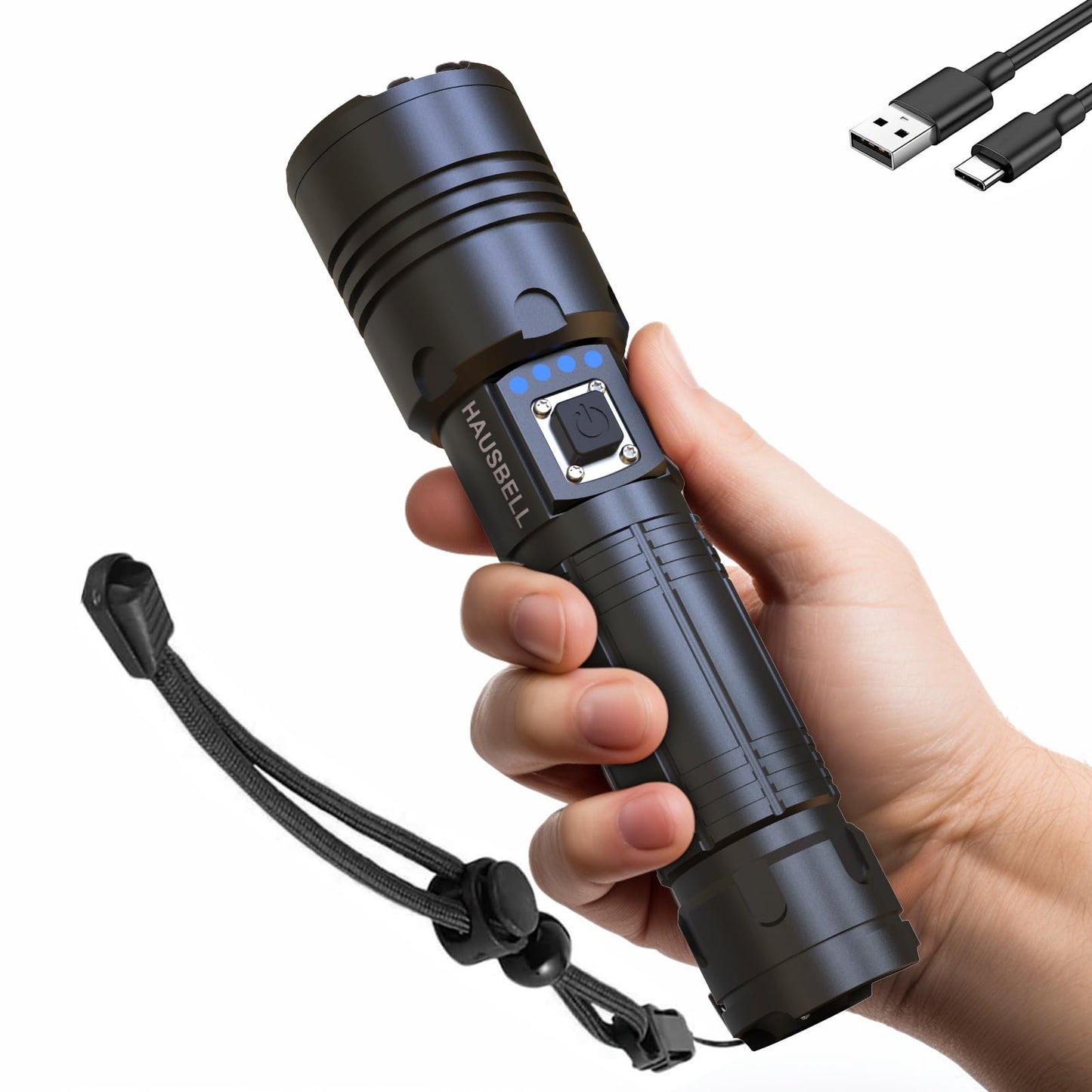 HAUSBELL A100 LED Flashlight, 20000 High Lumens, Zoomable, Waterproof, Tactical, Black, A100 Model
