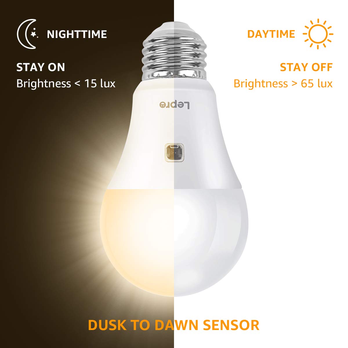 Lepro Dusk to Dawn LED Light Bulbs, 9W 806 Lumens, Soft White, 60W Equivalent, A19 E26, 2 Count