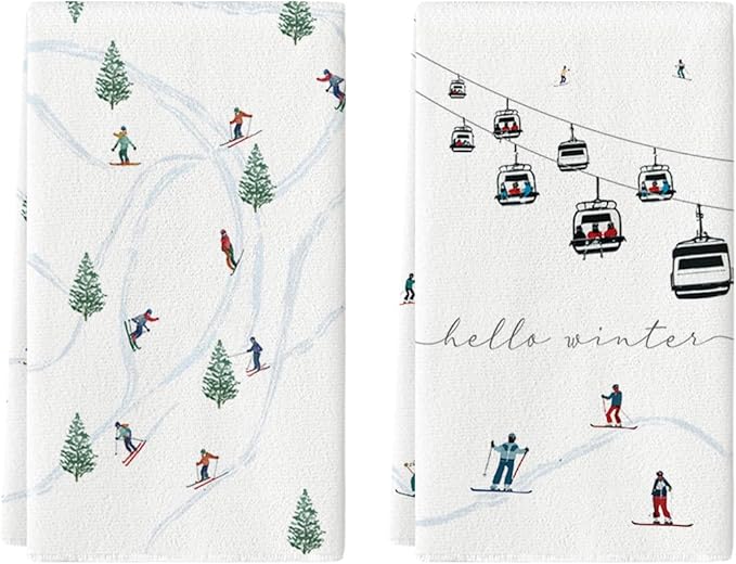 Artoid Mode Xmas Trees Ski Winter Kitchen Towels Dish Towels, 18x26 Inch Farmhouse Christmas Snow Decoration Hand Towels S...