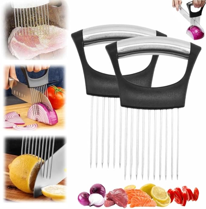 Onion Slice Holder, 2025 Upgraded Stainless Steel Onion Holder for Slicing Lemon Slicer Vegetable Cutter, Kitchen Chopper Slicing Assistant Tool for Meat, Onion, Potato, Tomato (2, A)