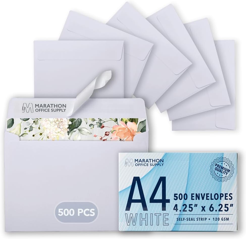 MOS A4 White Envelopes 4.25 x 6.25 Inch 500 Pack — Self-Seal Heavyweight Invitation Envelopes for Greeting Cards, Card Making, RSVP, Wedding Invitations, Business Mailings