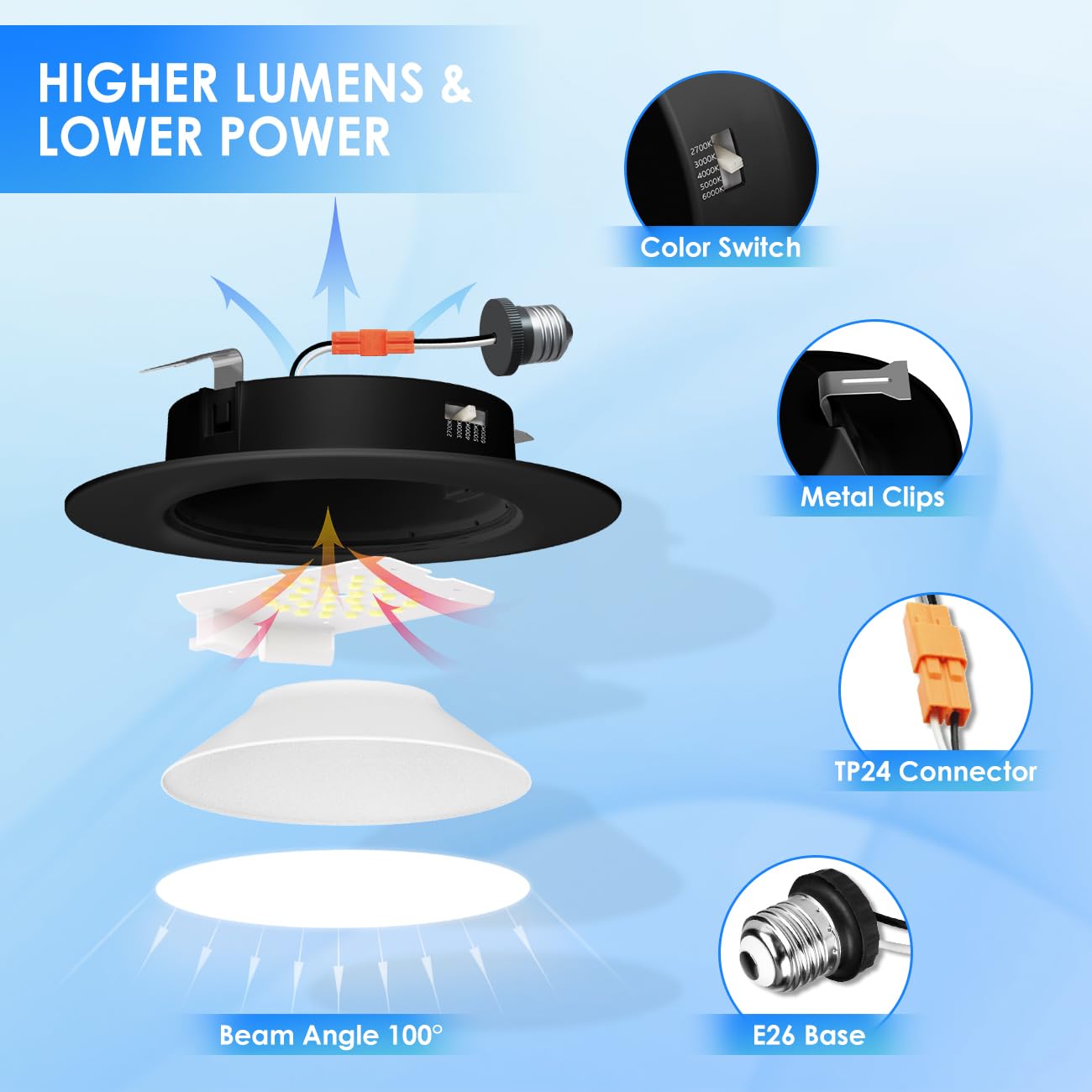 Anwio Recessed Lighting 4 Inch Black  5Cct 6W 700Lm Flat Retrofit Led Recessed Lights Can Needs  2700/3000/4000/5000/6000K Selectable Can Lights Cri 80+ Dimmable E26 Base Ic Rated & Etl 8 Pack