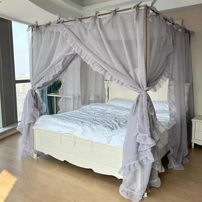 Elegant Princess 4 Corner Post Mosquito Net Romantic for Girls Women Bed Curtain Canopy for Adult Wedding Bedroom Kids Rooms Decoration (Type4-Grey, California King)