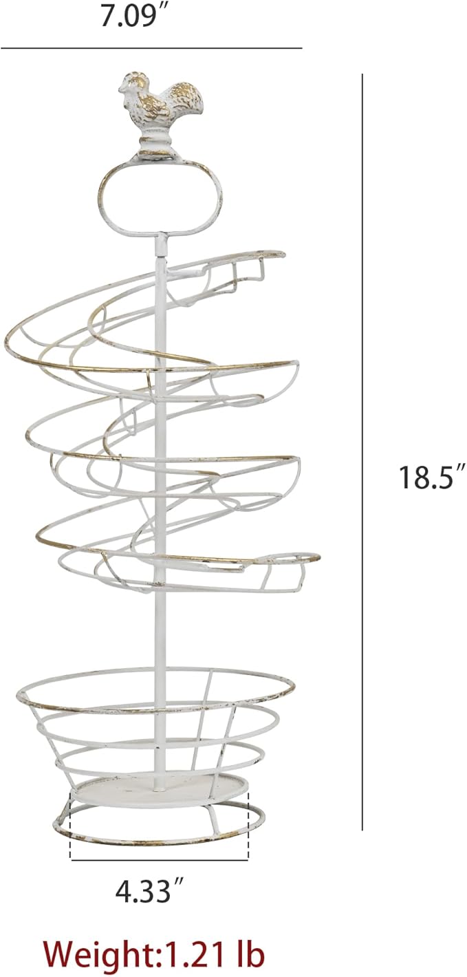 Vintage White Metal Spiral Egg Holder - Farmhouse Distressed Decor Egg Skelter Rack with Rooster Top, Storage Display Rack for Kitchen Countertop Decor (White with Gold)