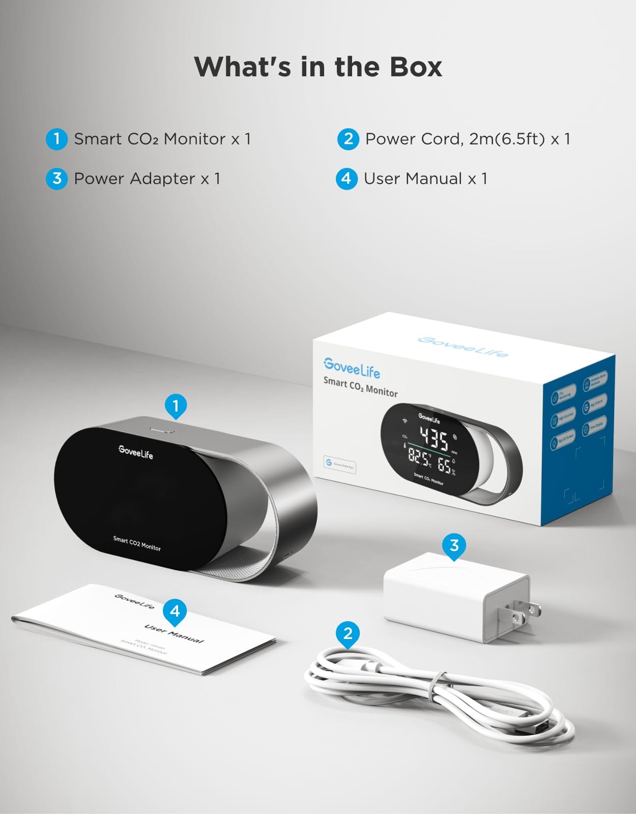 GoveeLife Smart Air Quality Monitor for Home, CO2 Detector for Health, Sleep Quality & Energy Efficiency, Thermometer Hygrometer with Real-Time Display & Alarm, for Office, Bedroom, Kitchen
