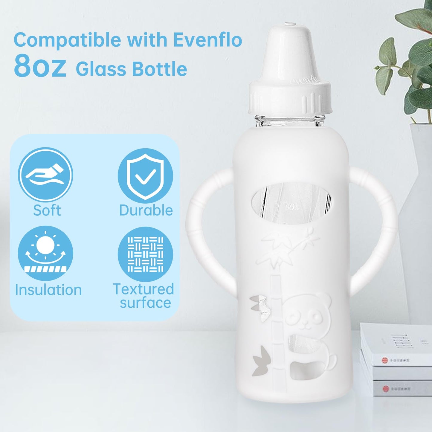 Silicone Sleeve Compatible with Evenflo 8oz Glass Bottle, Baby Bottle Silicone Sleeve with Antislip Handle and Thermal Insulation, White