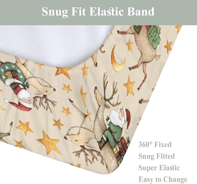 Cute Christmas Santa Claus Reindeer Baby Changing Pad Covers for Boy Girl Vintage Santa Gifts Stars Moon Fitted Changing Table Mats Winter Holiday Festive Soft Diaper Change Table Sheets 32''×16''