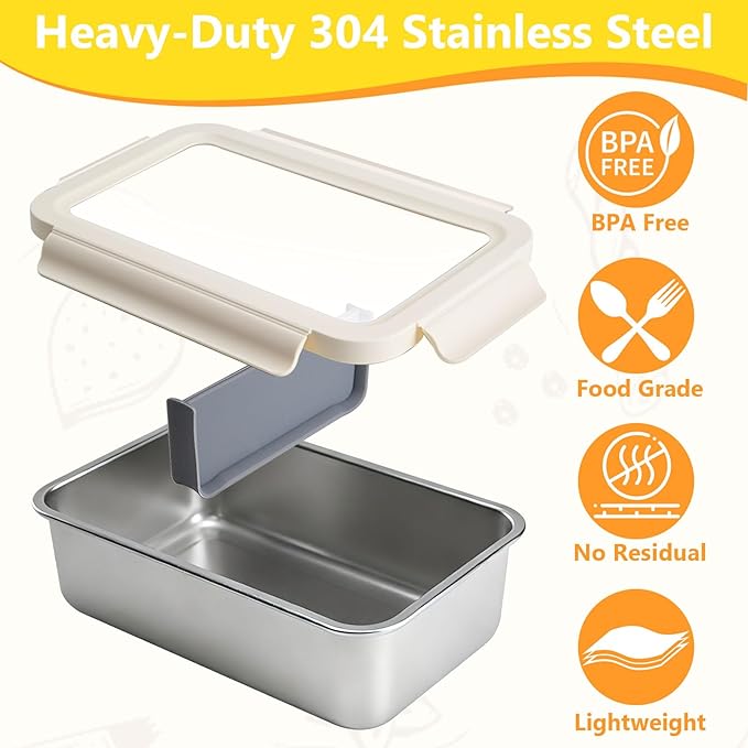 YINGRACE Stainless Steel Lunch Box Container for Adult, 42oz/1250ml Leak Proof Bento Box, Microwave-Safe with Removable Divider, Clear Airtight Lid Lunchbox for Work, Hike, Travel, Silver